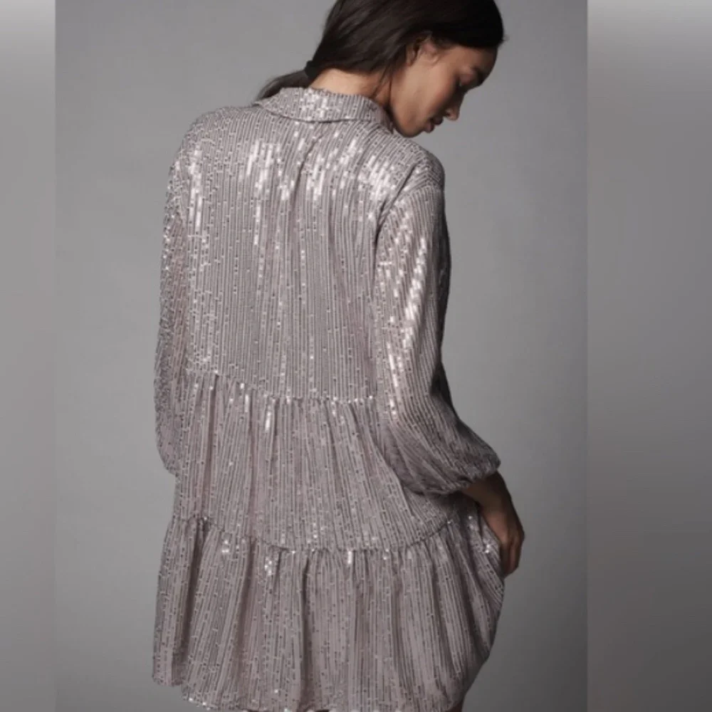 NWT! Women's Anthropologie Maeve Bettina Tiered Sequin Shirt Dres XSP - Picture 13 of 13